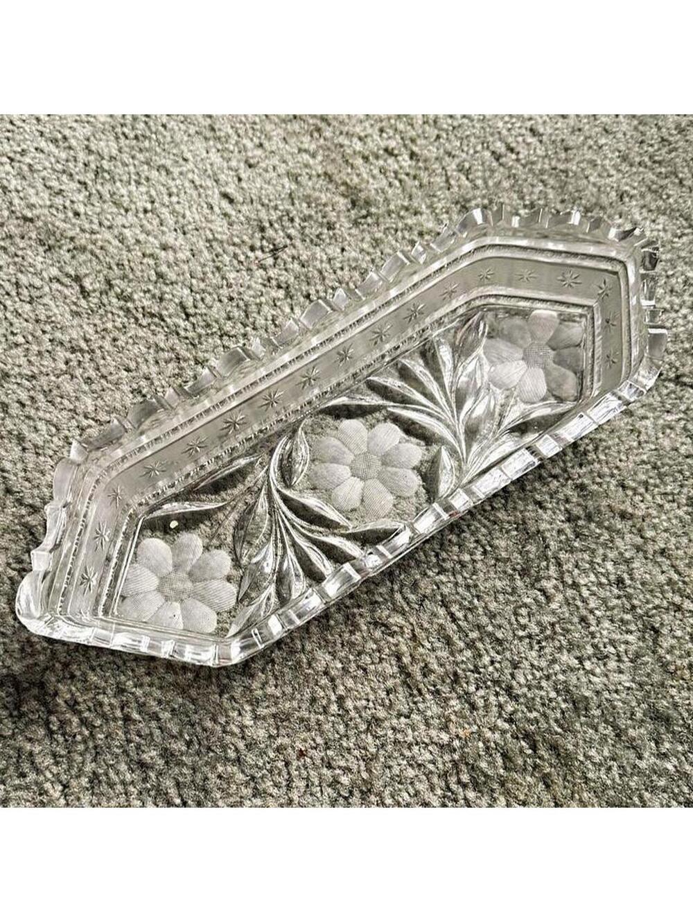 Vintage MCM glass celery relish cracker serving tray floral & leaf etching